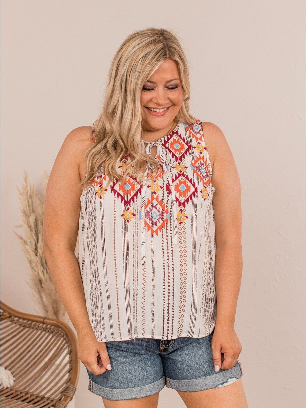 SAVANNA JANE / Sleeveless Boho Embroidered Ivory Tank Top/ PLUS / NWT